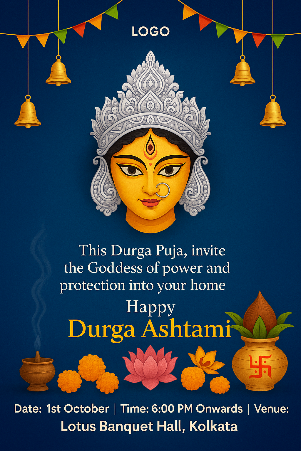 Durga golden face with silver crown, blue mandala background, festive invitation details.