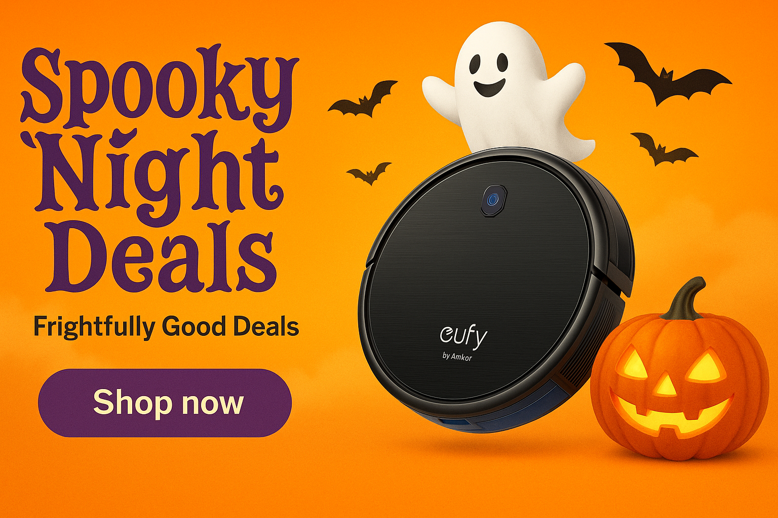 Spooky Night Deals – Halloween robotic vacuum ad with ghost, bats, jack-o’-lantern, Shop Now button