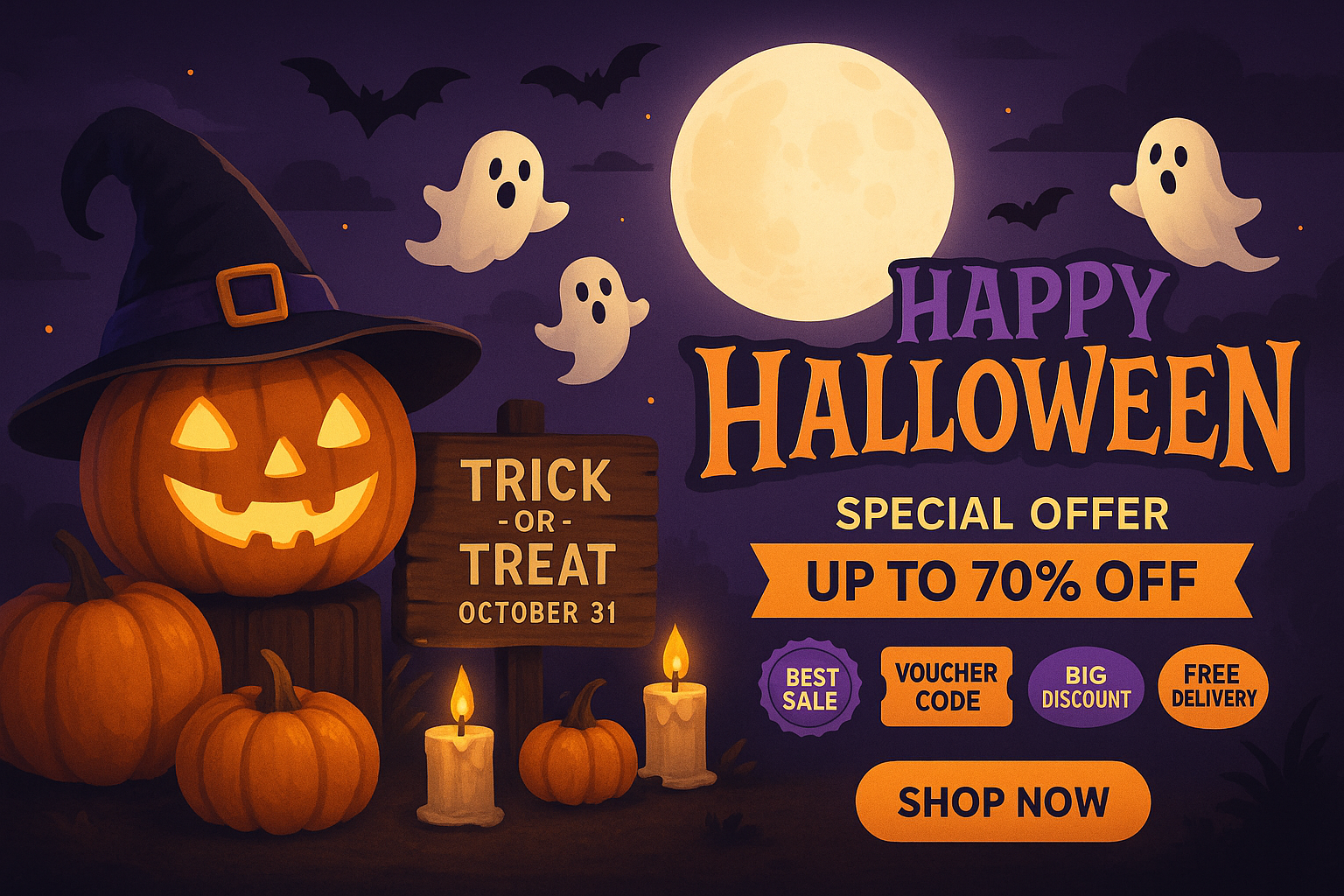 Spooktacular Halloween Sale – festive drink promo with pumpkins, bats, cobwebs, glowing button