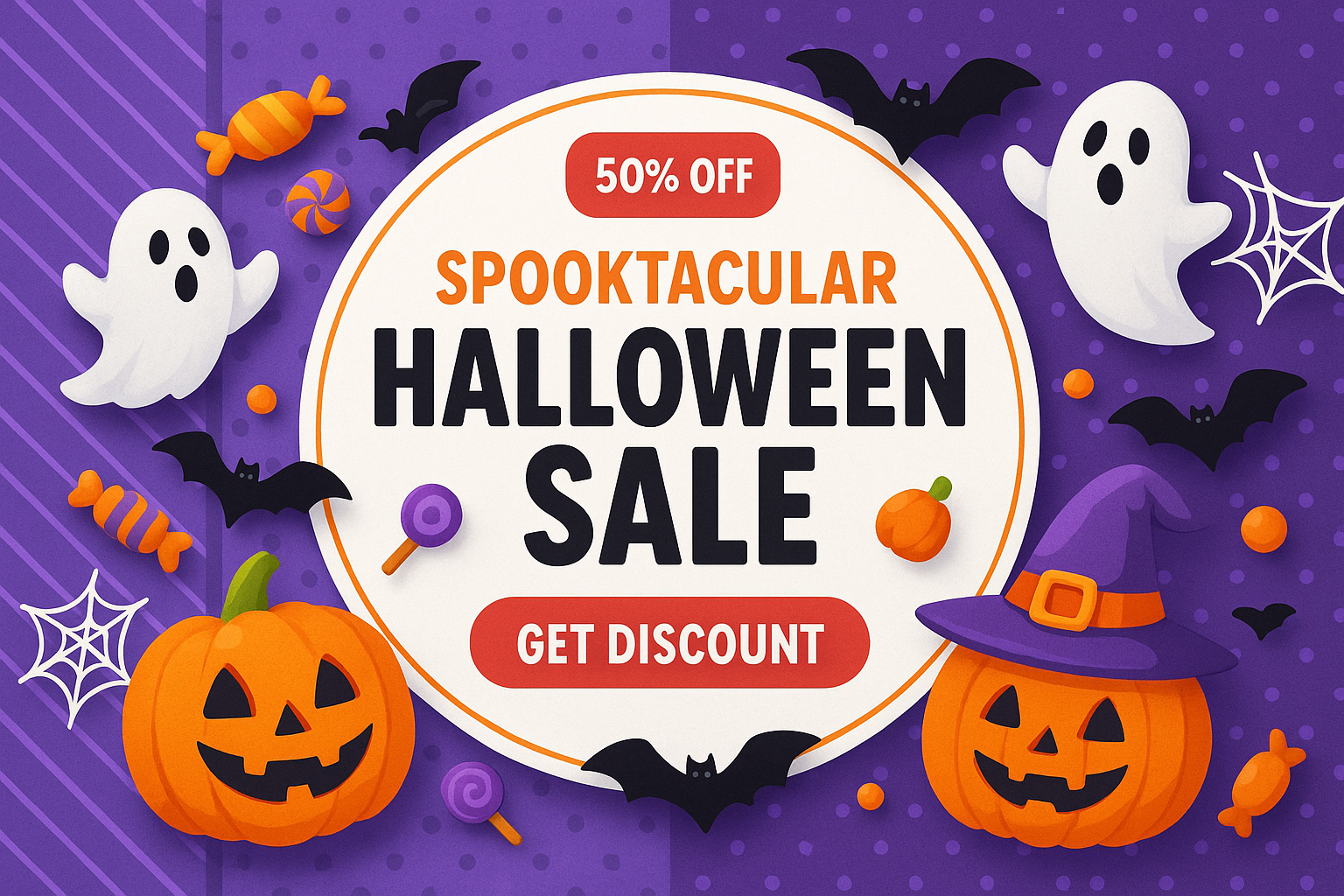 Spooktacular Halloween Sale – purple background with pumpkins, ghosts, candies, Get Discount button