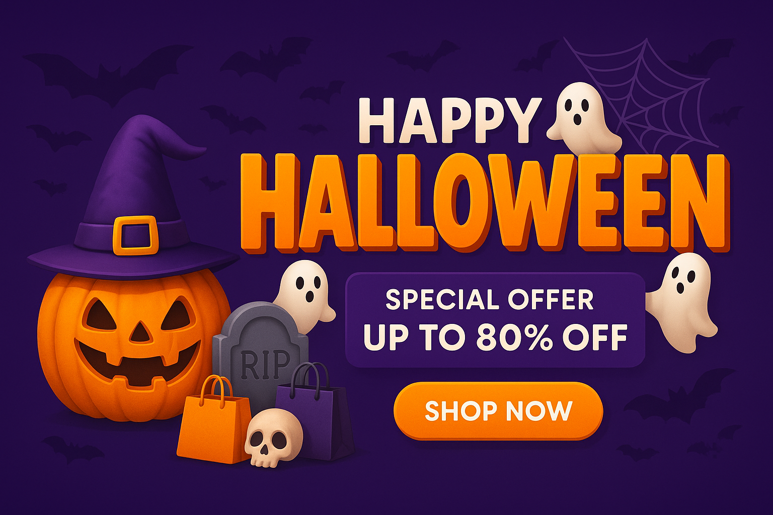 Happy Halloween – jack-o’-lantern, tombstone, shopping bags, ghosts, 80% off, Shop Now button