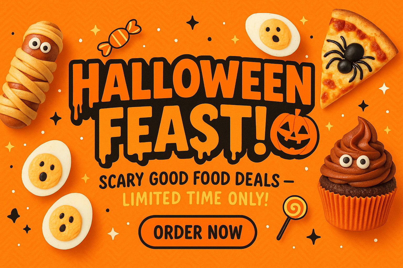 Halloween Feast – food deals poster with dripping text, pumpkin graphic, festive CTA button