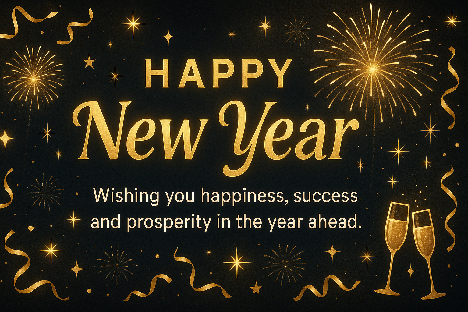 Digital New Year card with midnight background, fireworks, and metallic gold typography