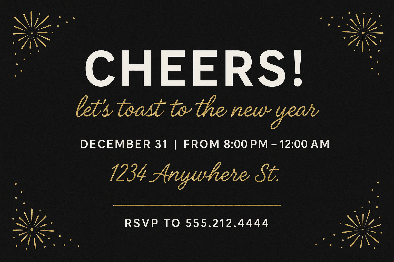 New Year party invitation with black background, golden accents, and event details