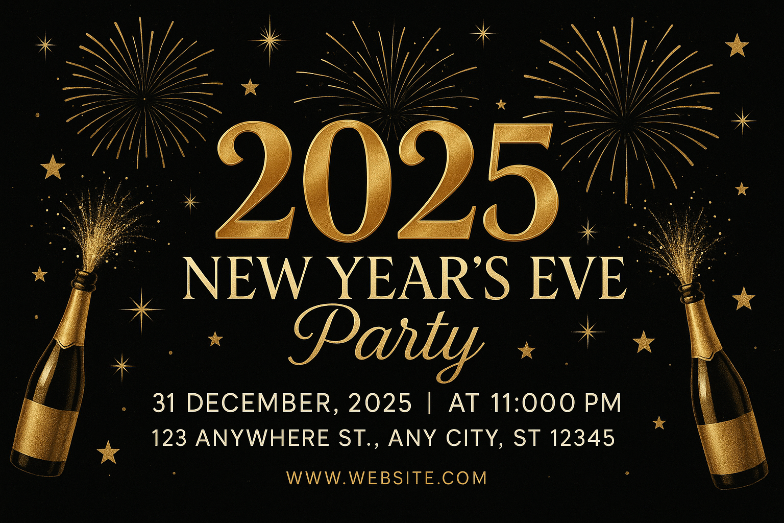 Luxurious New Year Eve display ad with black background, gold typography, fireworks, and champagne