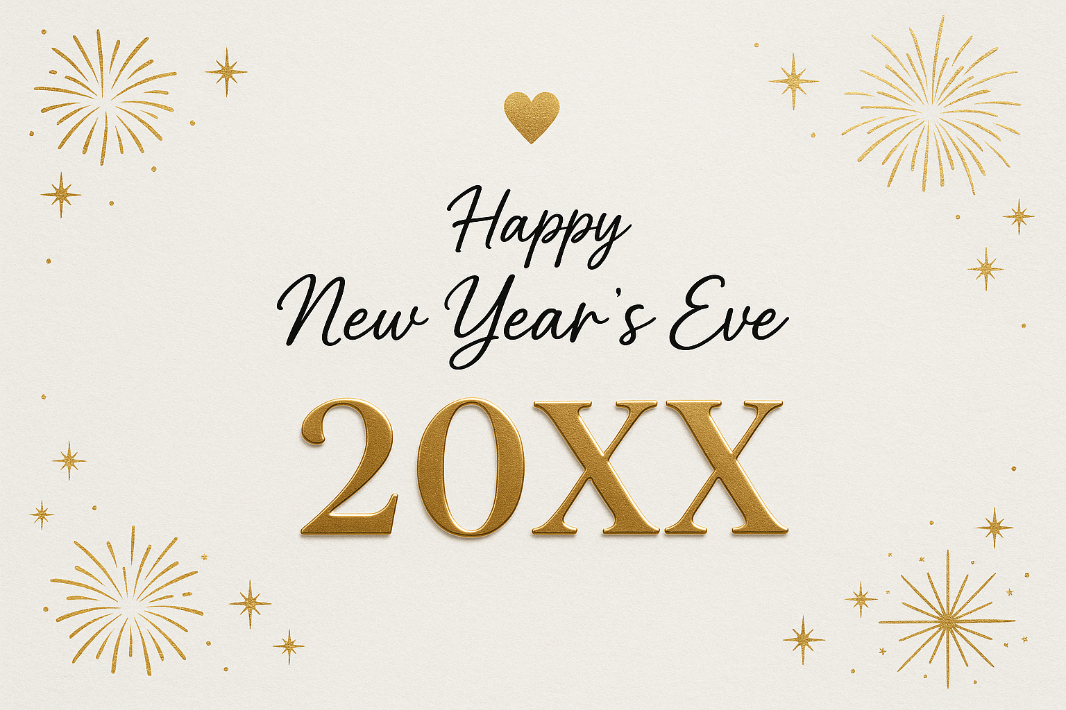 Minimal New Year Eve card with white background, golden fireworks, and elegant typography