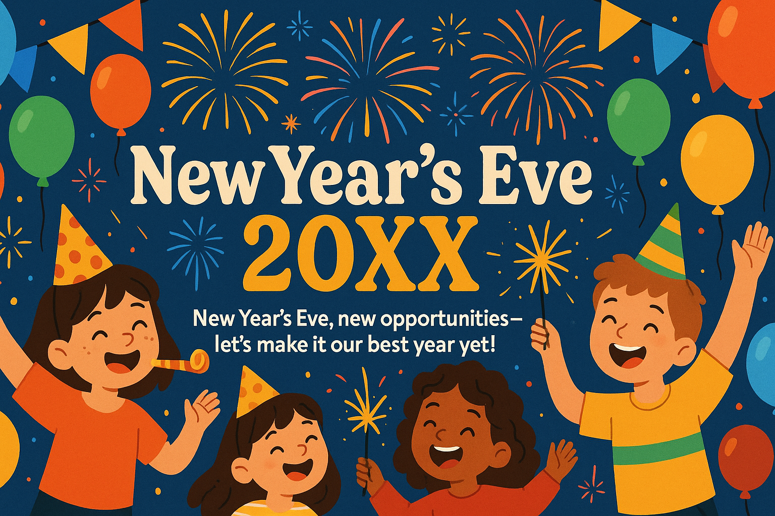 Cheerful New Year Eve ad with children celebrating, balloons, fireworks, and playful typography