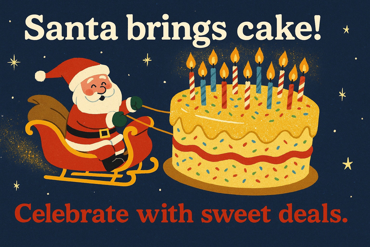 Humorous Christmas card showing Santa in sleigh pulling giant cake with candles, dark navy background, text reads Santa brings cake Celebrate with sweet deals