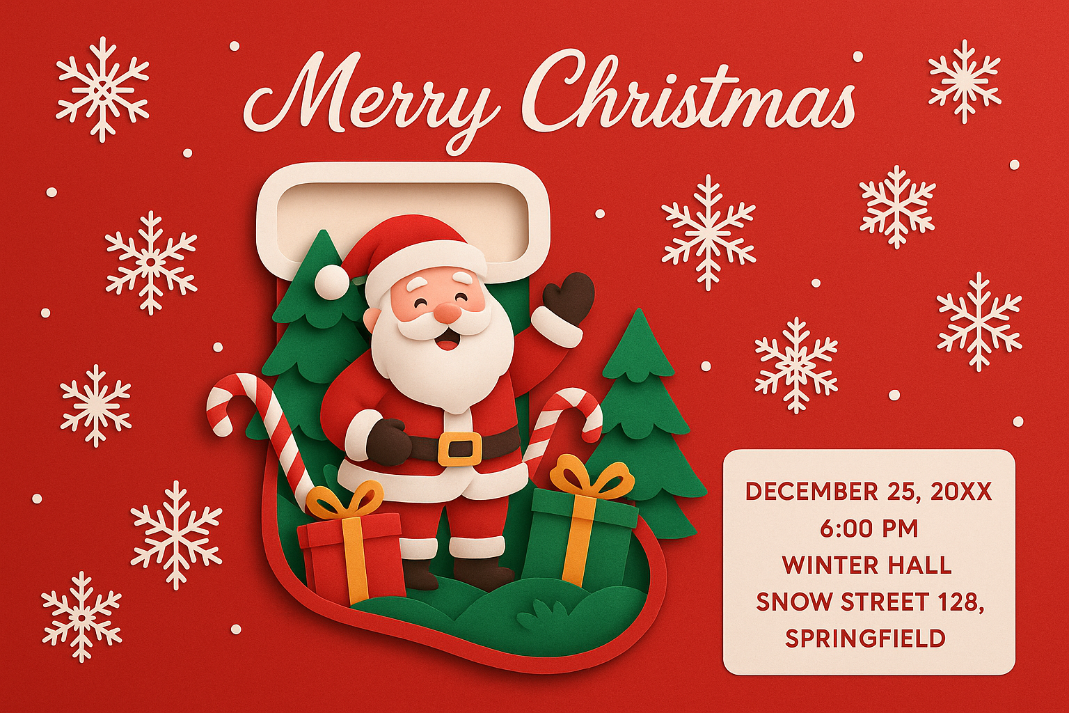 Red background Christmas event card with 3D paper-cut stocking containing Santa, candy canes, and gifts with event details for Winter Hall Springfield