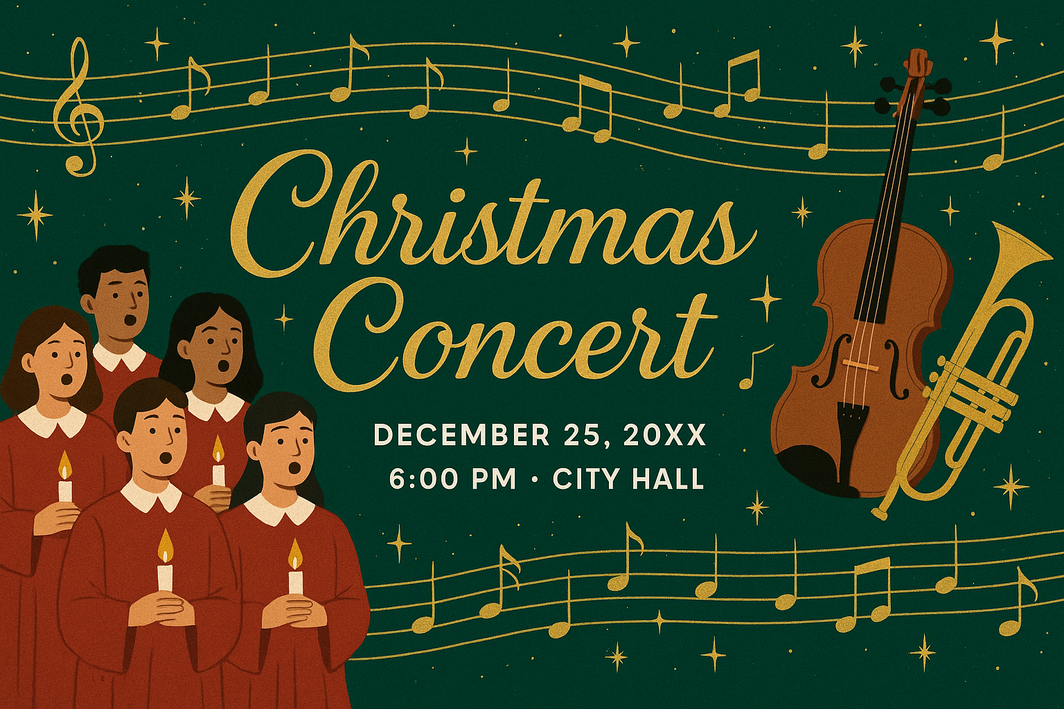 Christmas Concert invitation card with choir in red robes holding candles, violin and trumpet, golden musical notes on dark green background, event details for City Hall