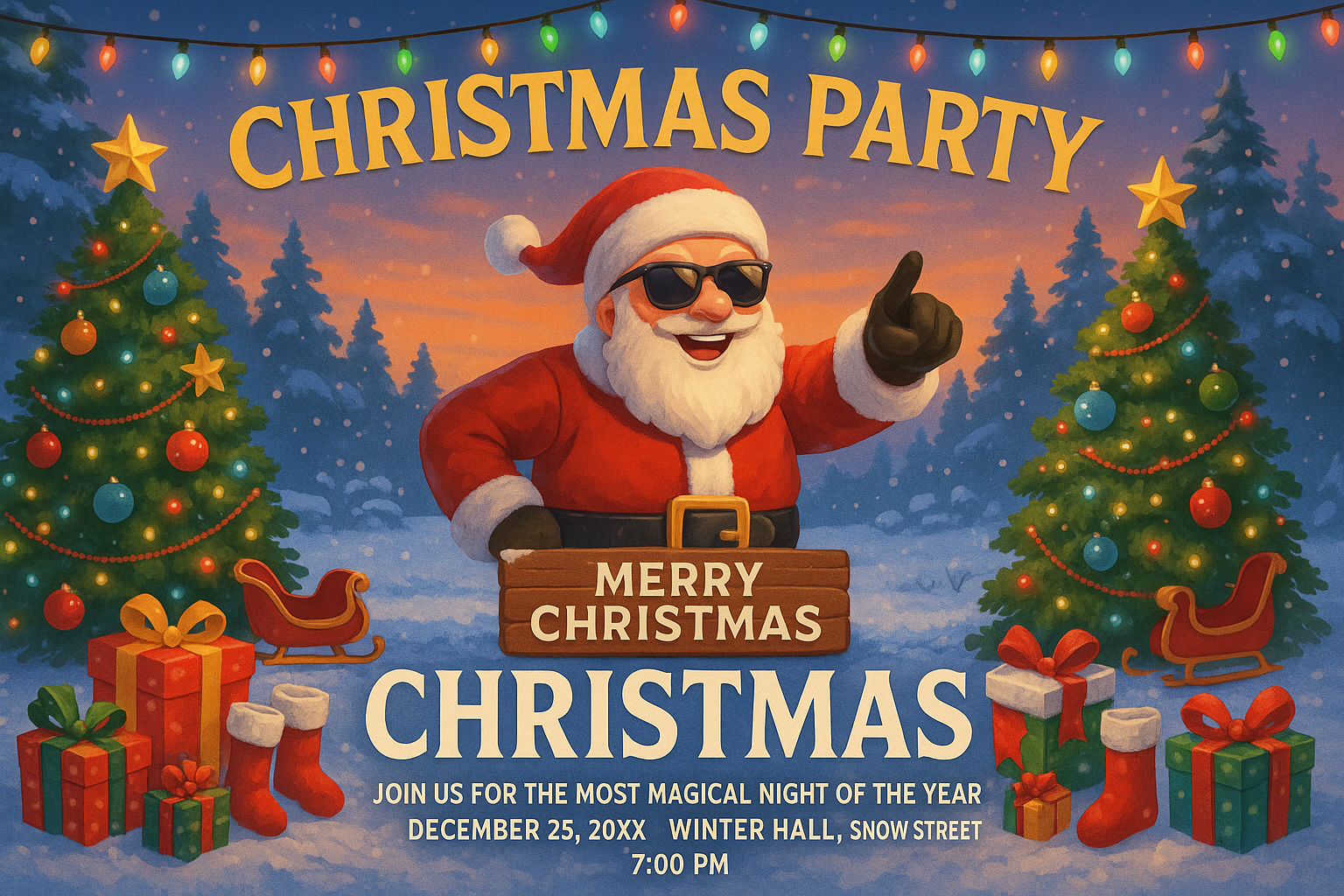 Christmas Party card with cool Santa wearing sunglasses, decorated trees with ornaments, gifts stockings and sleigh in snowy scene with string lights and event details