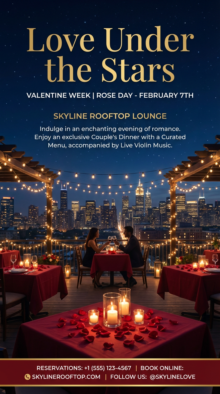 Rooftop Valentine dinner flyer with skyline, candles and fairy lights