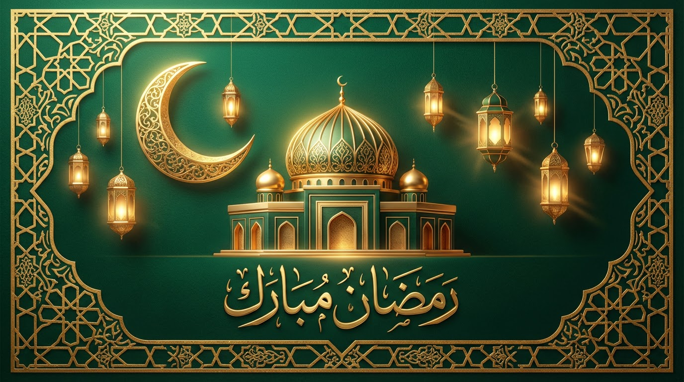 Elegant Ramadan Mubarak greeting card featuring emerald green background with rich gold foil texture, luxury 3D mosque with radiant dome, ornate crescent moon with celestial glow, multiple hanging lanterns with warm illumination, premium Islamic geometric border, sophisticated typography with clearly readable Arabic calligraphy رمضان مبارك, soft cinematic lighting, modern corporate greeting card style, 16:9 aspect ratio, professional high-end design