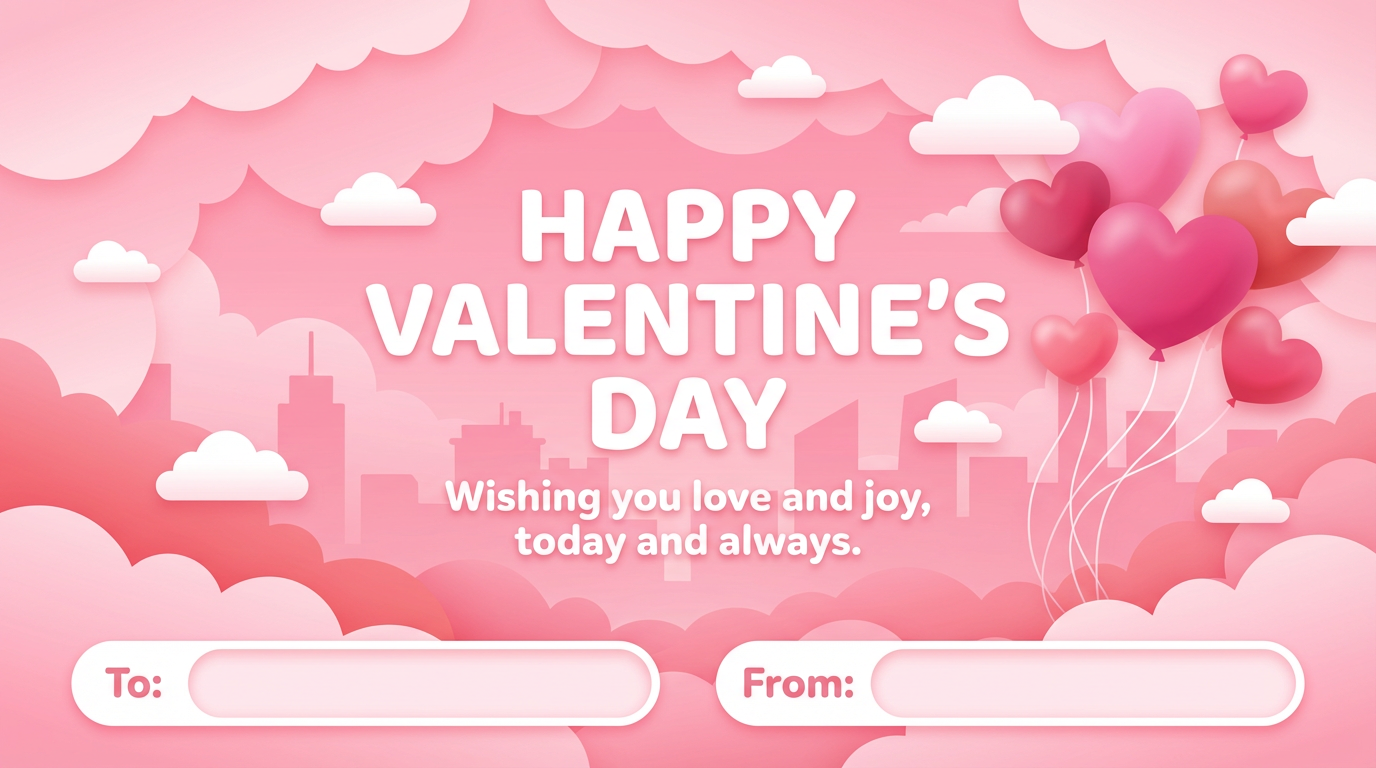 Pink Valentine’s card with clouds, heart balloons, skyline silhouette and To From fields