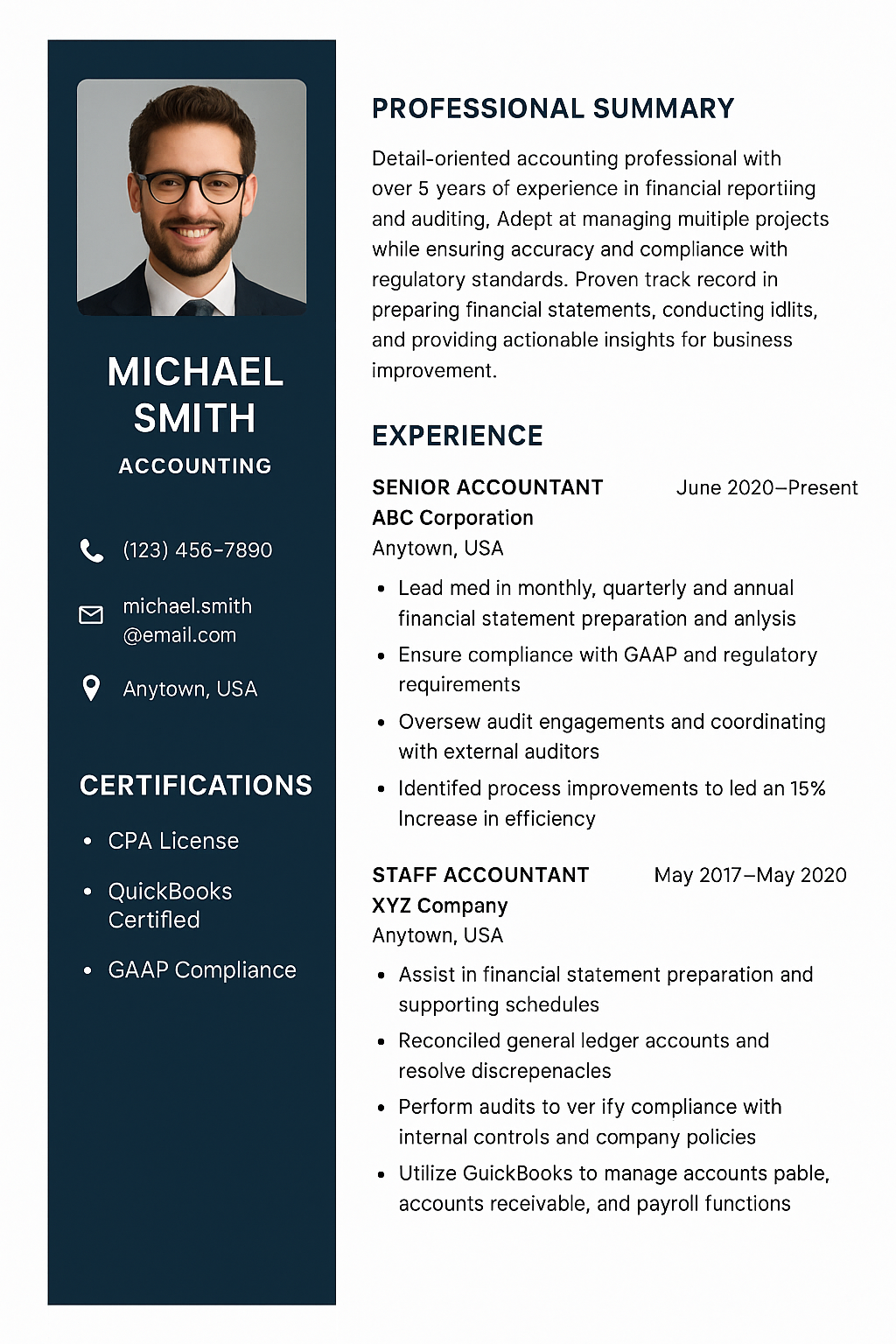 Portrait-format accounting resume with a clean white background, photo at the top-left, navy sidebar for contact and certifications, experience in financial reporting and audit, sections for CPA license, QuickBooks, and GAAP compliance.