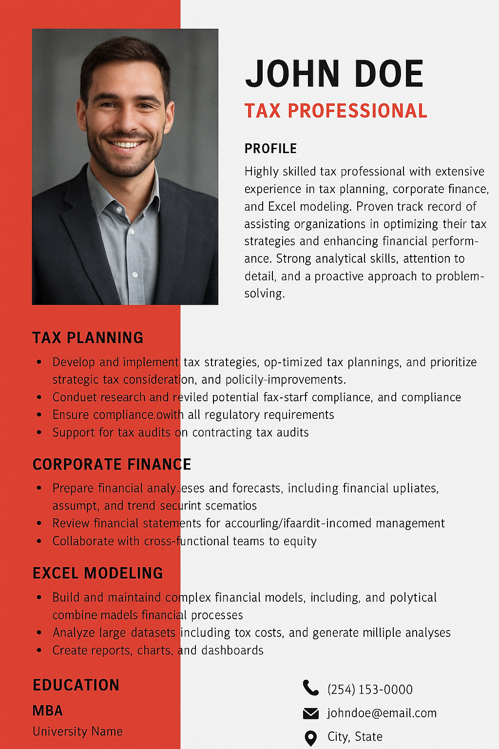 Modern professional resume in portrait layout, profile photo at the top, structured layout with bold headers for tax planning, corporate finance, Excel modeling; grayscale color scheme with red accent bar, MBA listed under education.