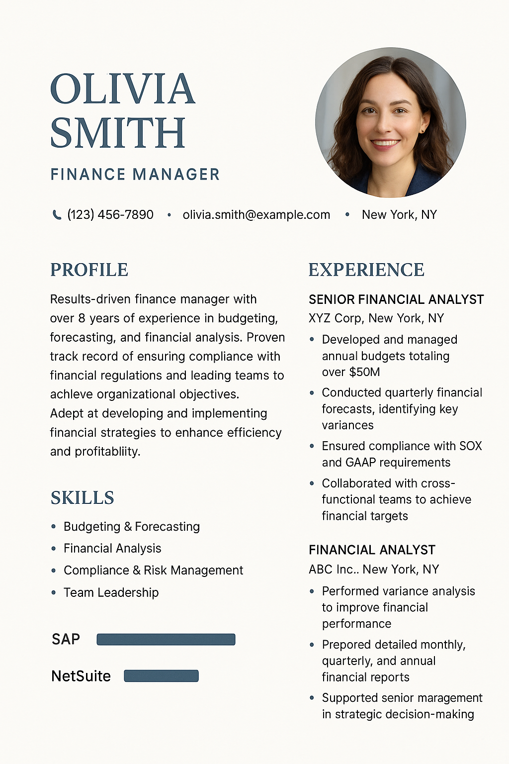 Elegant resume design in white and slate blue, portrait format, round profile picture in upper right, structured experience in budgeting, compliance, and team leadership, bar graphs for financial tools like SAP, NetSuite.