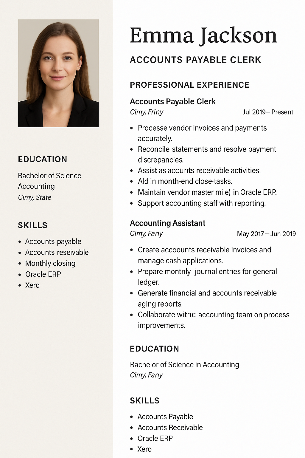 Clean professional resume, portrait orientation, sidebar in light beige with headshot, name and title centered top-right, focus on A/P, A/R, monthly close process, and ERP systems like Oracle and Xero.