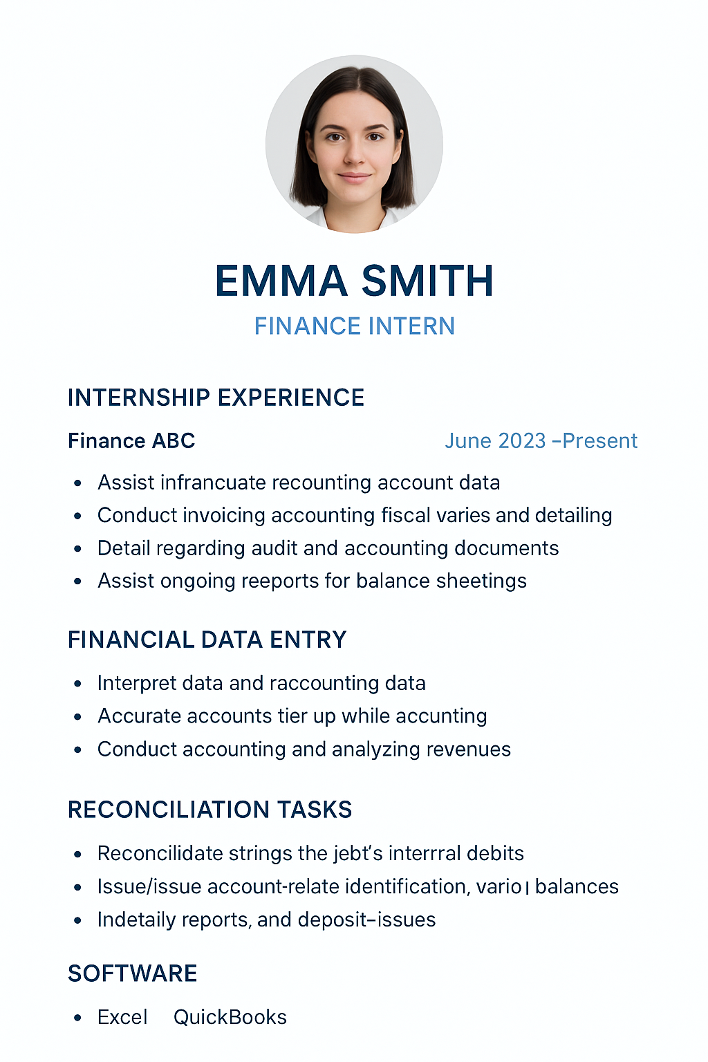 Bright white layout with light blue highlights, portrait style, headshot at top-center, sections for internship experience, financial data entry, reconciliation tasks, and software tools like Excel and QuickBooks.