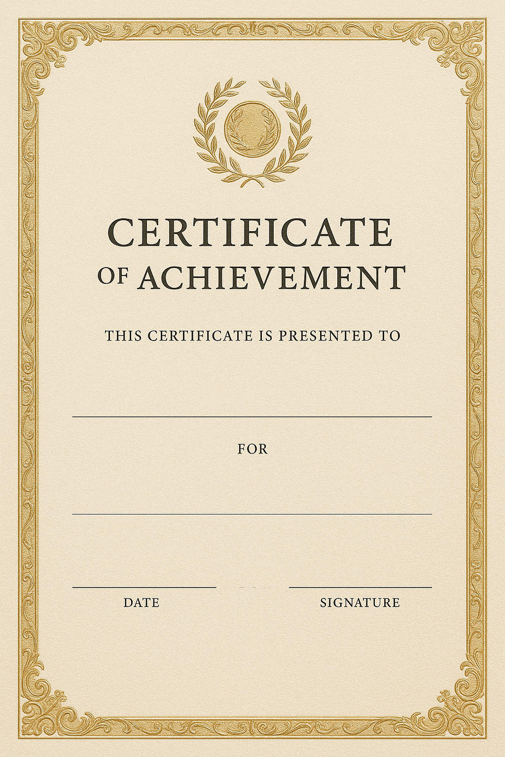Portrait certificate of achievement layout with a textured ivory background, ornate gold border detailing, and a central embossed award wreath icon at the top, no text or lines anywhere