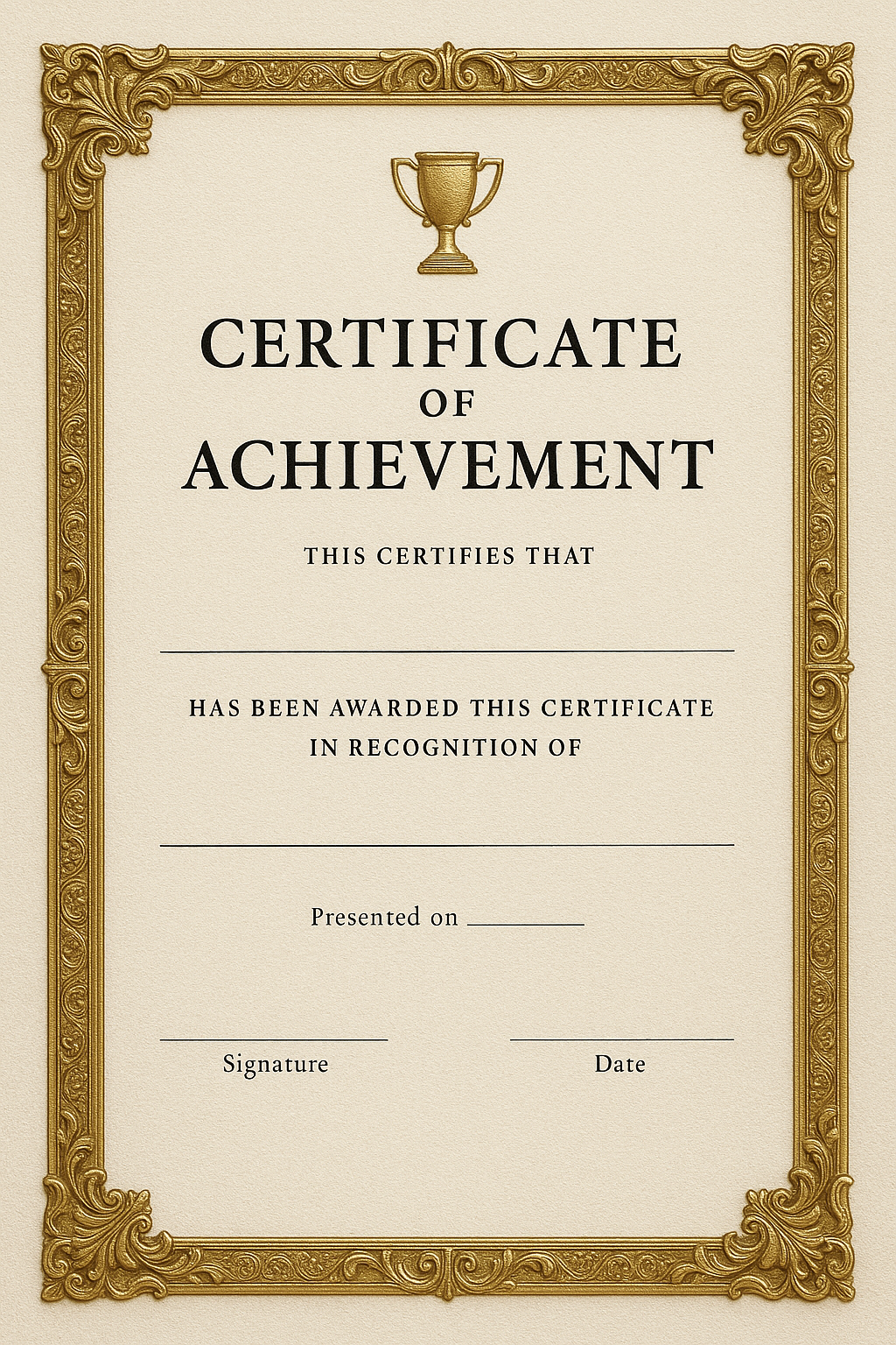 Luxury portrait certificate with ivory textured background, baroque-style gold embossed border, and a classic award trophy icon at the top center, no text or labels