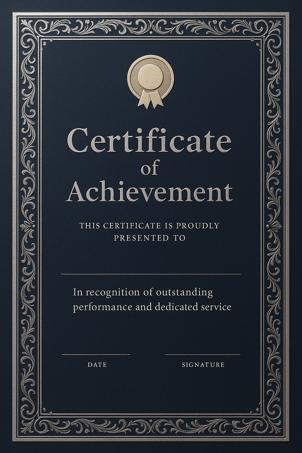 Elegant portrait certificate with platinum embossed border on a deep midnight blue backdrop, gold medal icon centered at the top, no typography or placeholders