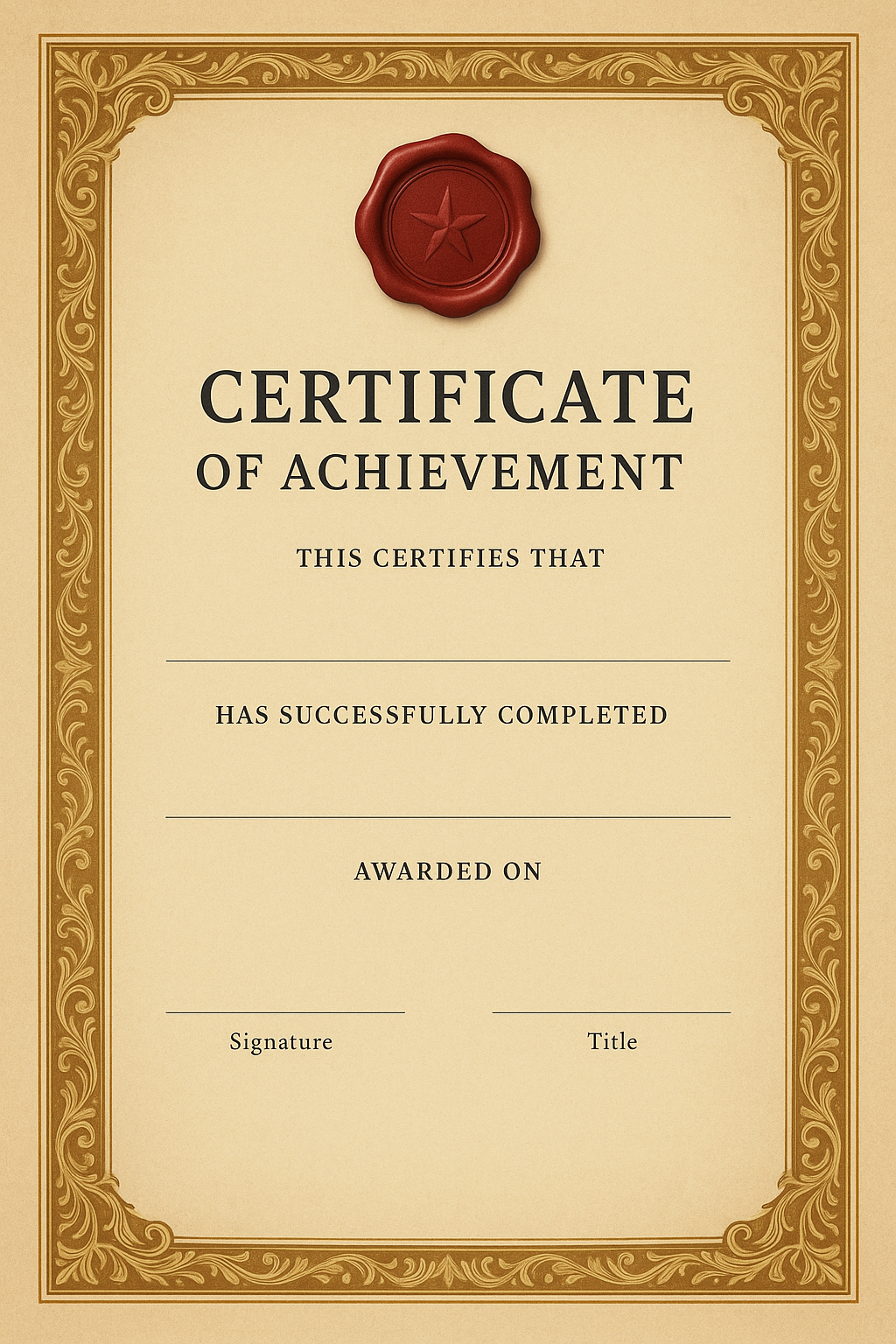 Classic achievement certificate with a faded parchment base, rich gold border design, and a premium wax-style seal at the top center, portrait layout, no writing at all