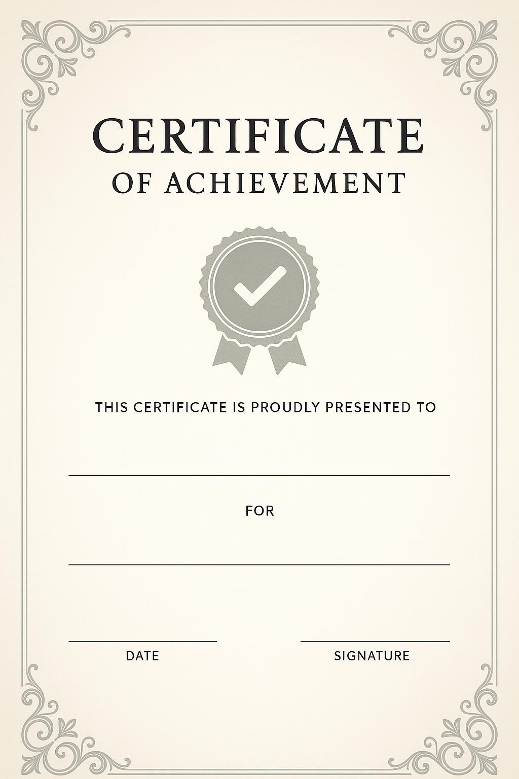 Portrait certificate with a gradient ivory-to-white background, ornamental corner swirls in silver, and a centered circular achievement badge, clean and textless