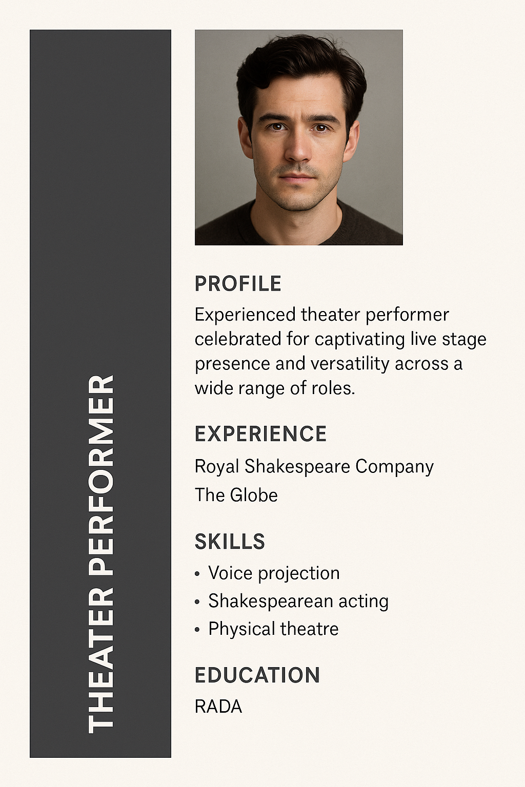 Modern portrait resume with a dark gray vertical left sidebar and light background. Place a square headshot at top-center. Title: Theater Performer. Include profile summary about live stage presence and versatility. Experience with Royal Shakespeare Company and The Globe. Skills: Voice projection, Shakespearean acting, physical theatre. Education: RADA.