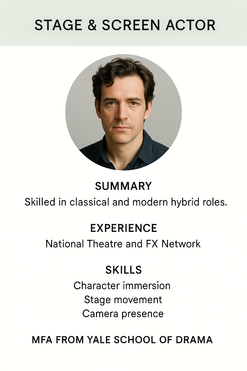 Clean portrait layout with a white background and soft green top header. Circular headshot in the top center. Title: Stage & Screen Actor. Summary focused on classical and modern hybrid roles. Experience with National Theatre and FX Network. Skills: Character immersion, stage movement, camera presence. MFA from Yale School of Drama.
