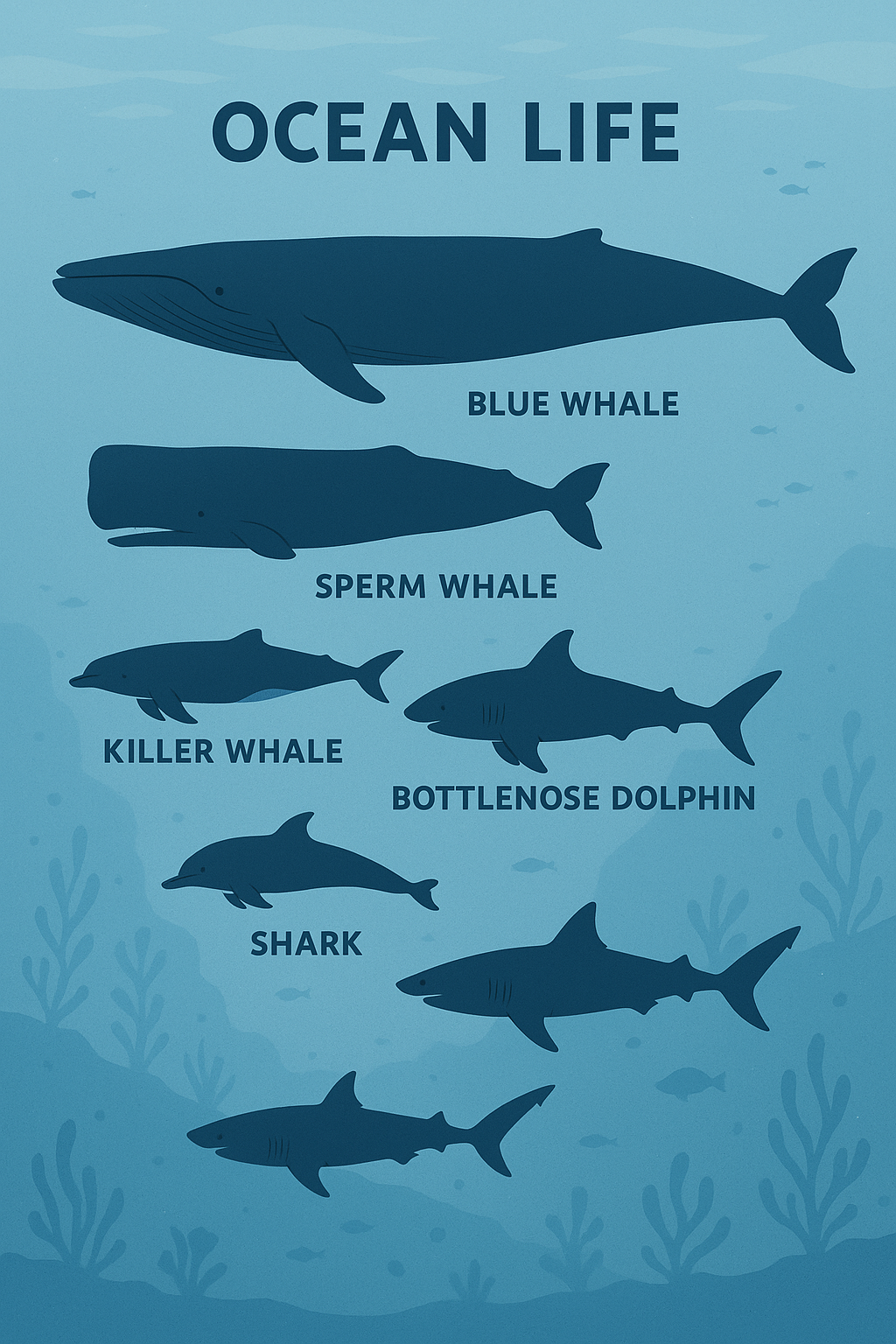 Ocean life infographic with whale, dolphin, and shark size comparison on blue underwater background.