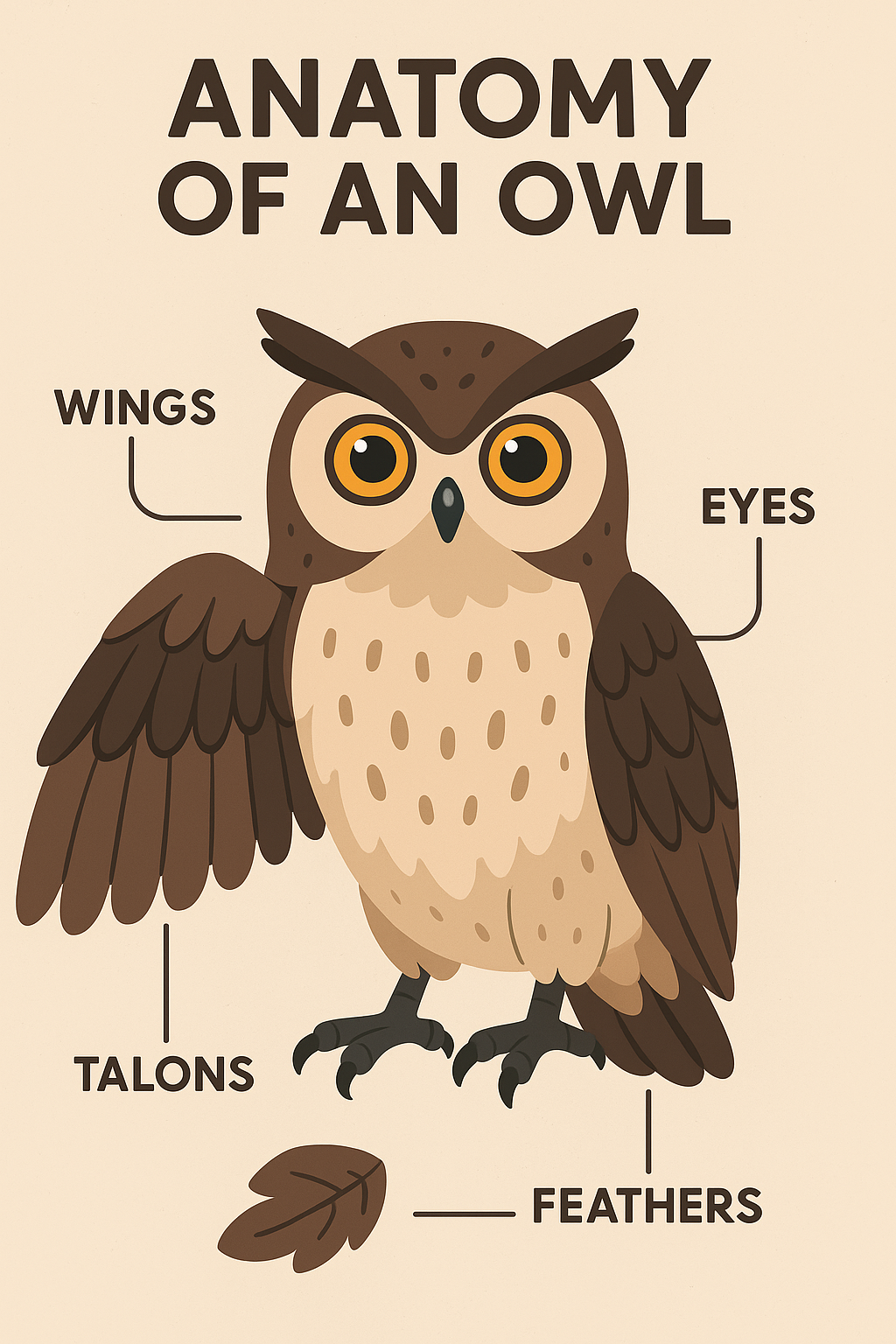 Owl anatomy infographic with labeled wings, talons, eyes, and feathers in modern vector style.