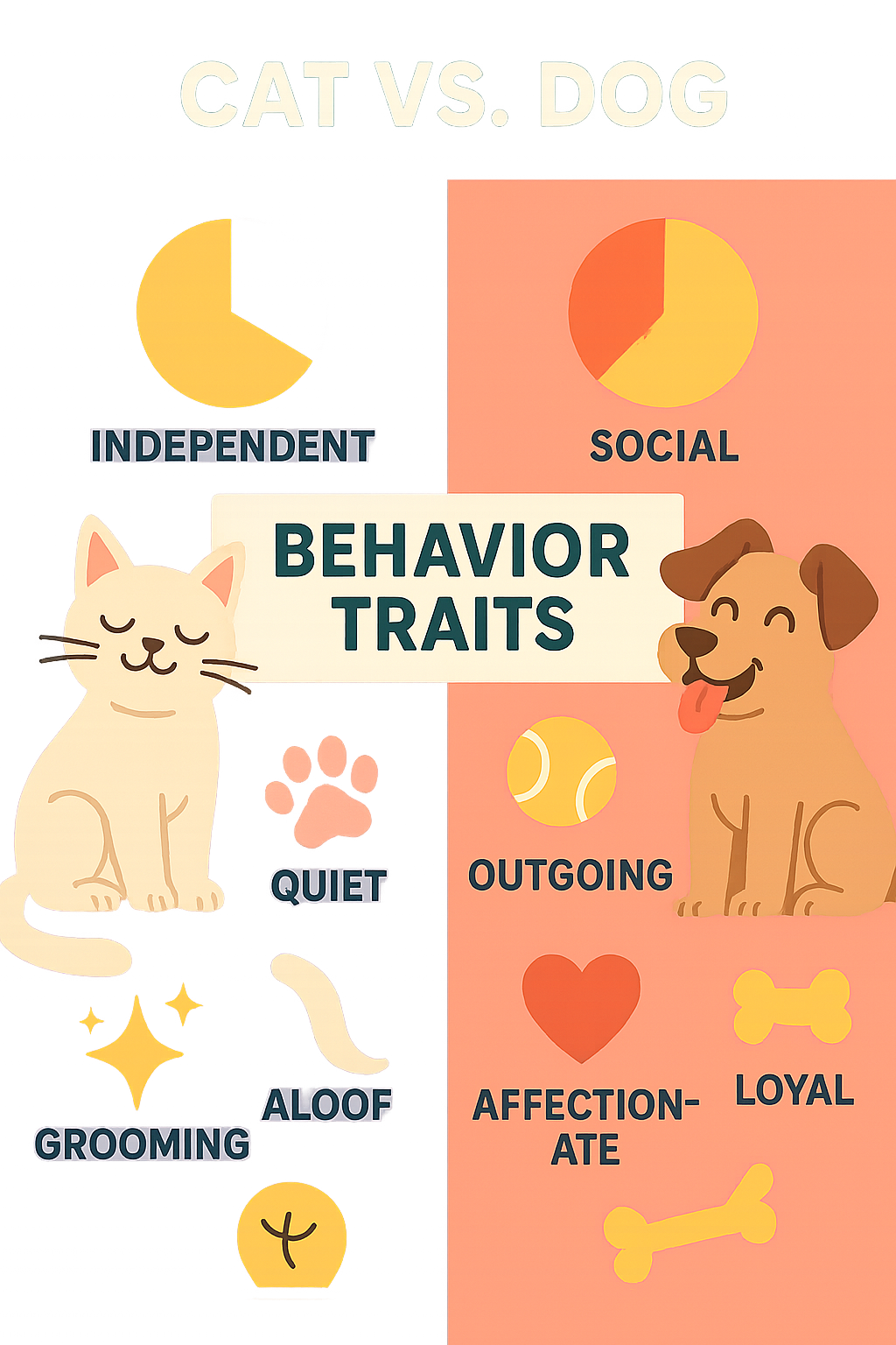 Cat vs. dog behavior traits infographic with playful icons, pie charts, and pastel colors.