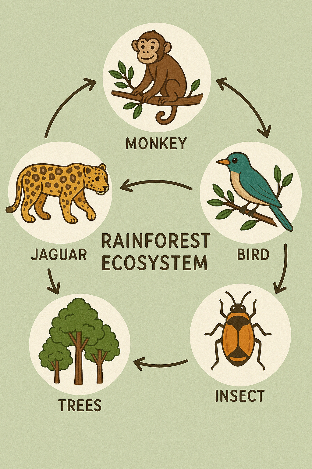 Rainforest ecosystem food web infographic with monkeys, jaguars, birds, insects, and trees in circular diagram.
