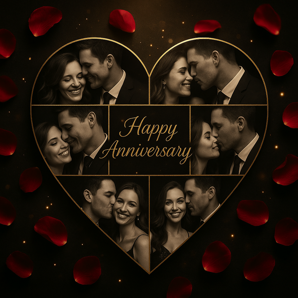 Luxury black and gold heart-shaped anniversary photo collage with rose petals and golden sparkles, square Instagram format.