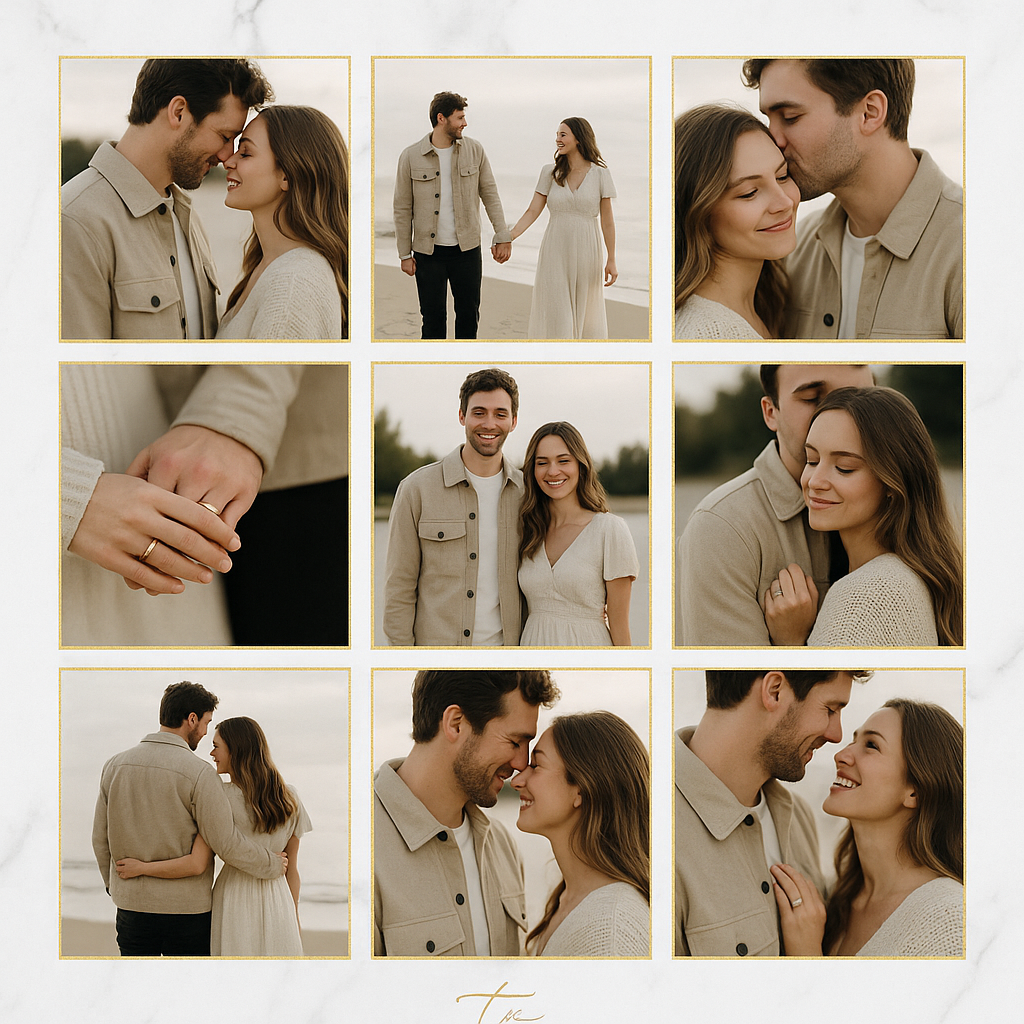 Minimalist 3x3 anniversary photo collage with white marble background, gold accents, and soft shadows in square format.