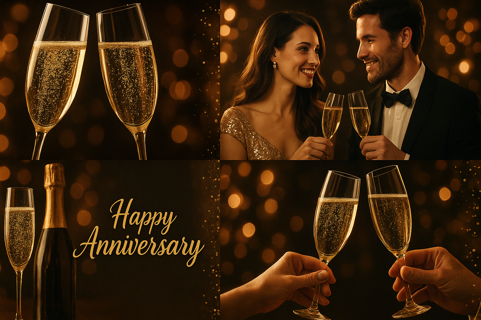 Glamorous anniversary collage with champagne glasses, gold foil accents, bokeh glow in cinematic 16:9 format.