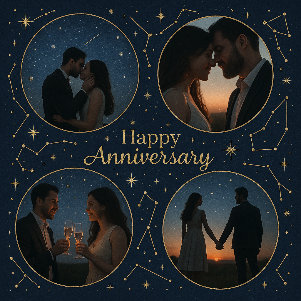 Romantic starry-night anniversary collage with circular frames, navy background, golden constellations, and stars in square format.