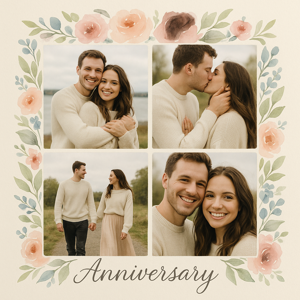 Anniversary collage with watercolor floral frame, cream pastel background, soft shadows, and dreamy square layout.