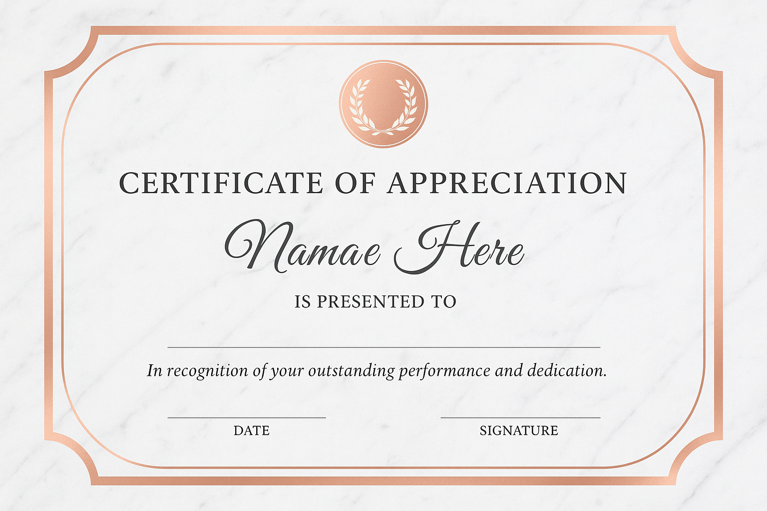 Landscape certificate template with white marble background, rose-gold curved frame, and laurel wreath medallion.
