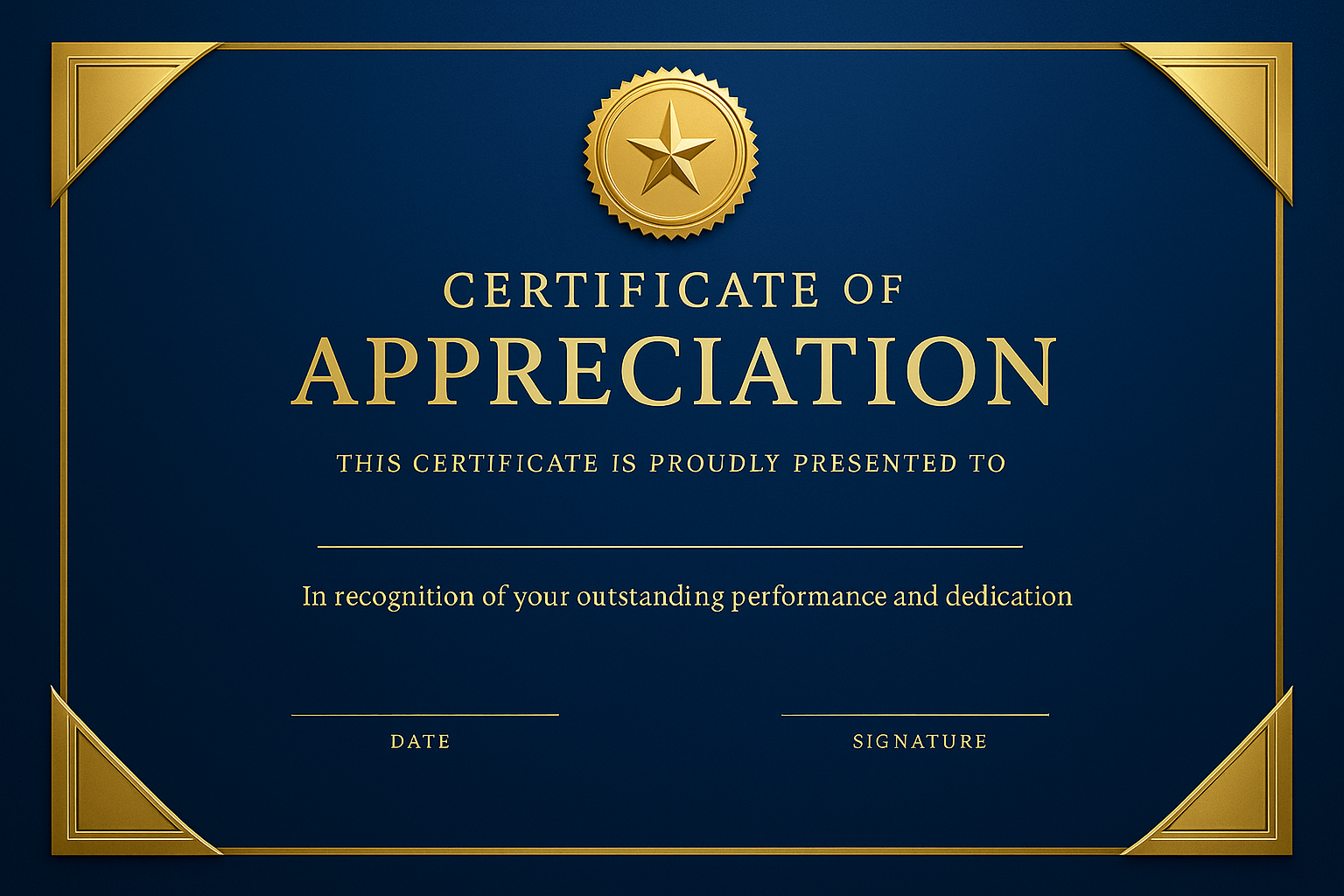 Royal blue gradient appreciation certificate with gold corner accents and circular award seal at top.