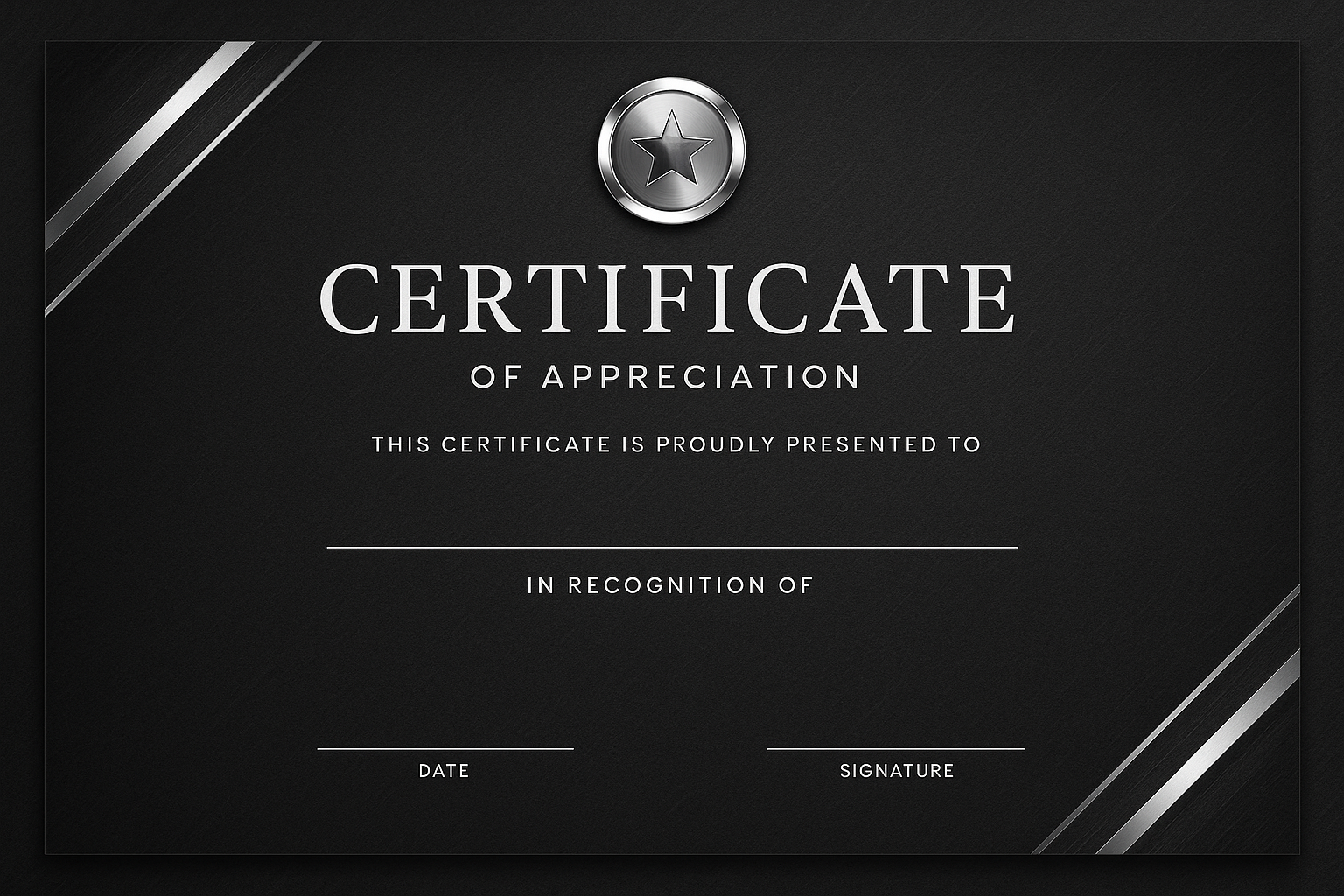 Modern charcoal textured certificate with silver diagonal borders and chrome badge at top.