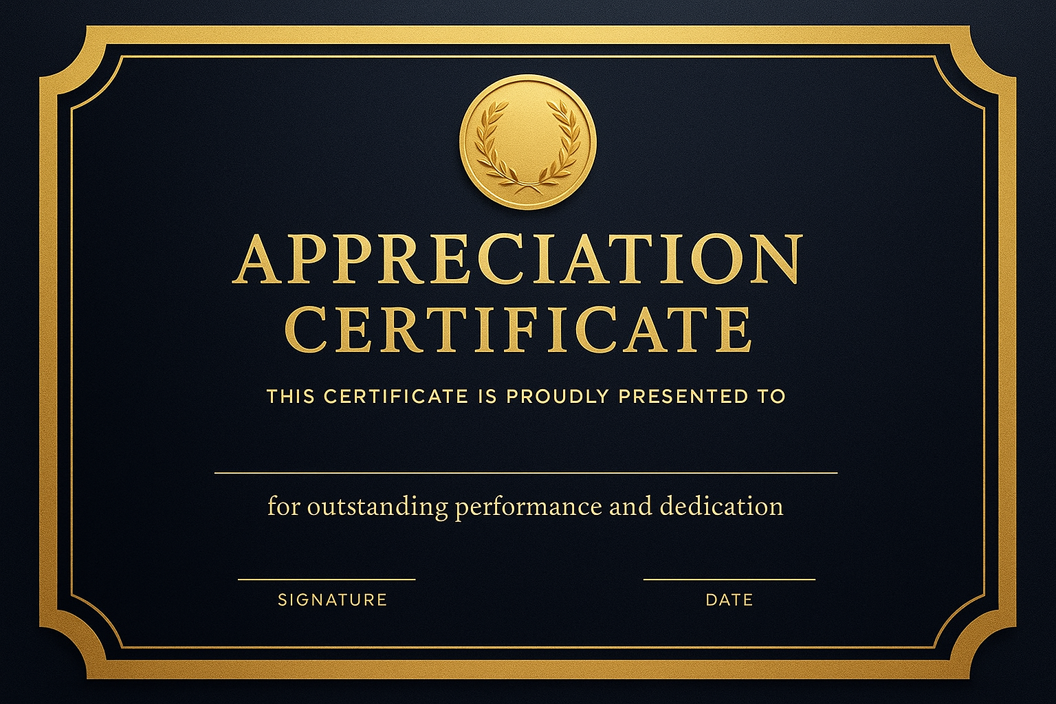 Navy-to-black gradient certificate with gold ribbon edge frame and laurel medallion at top.