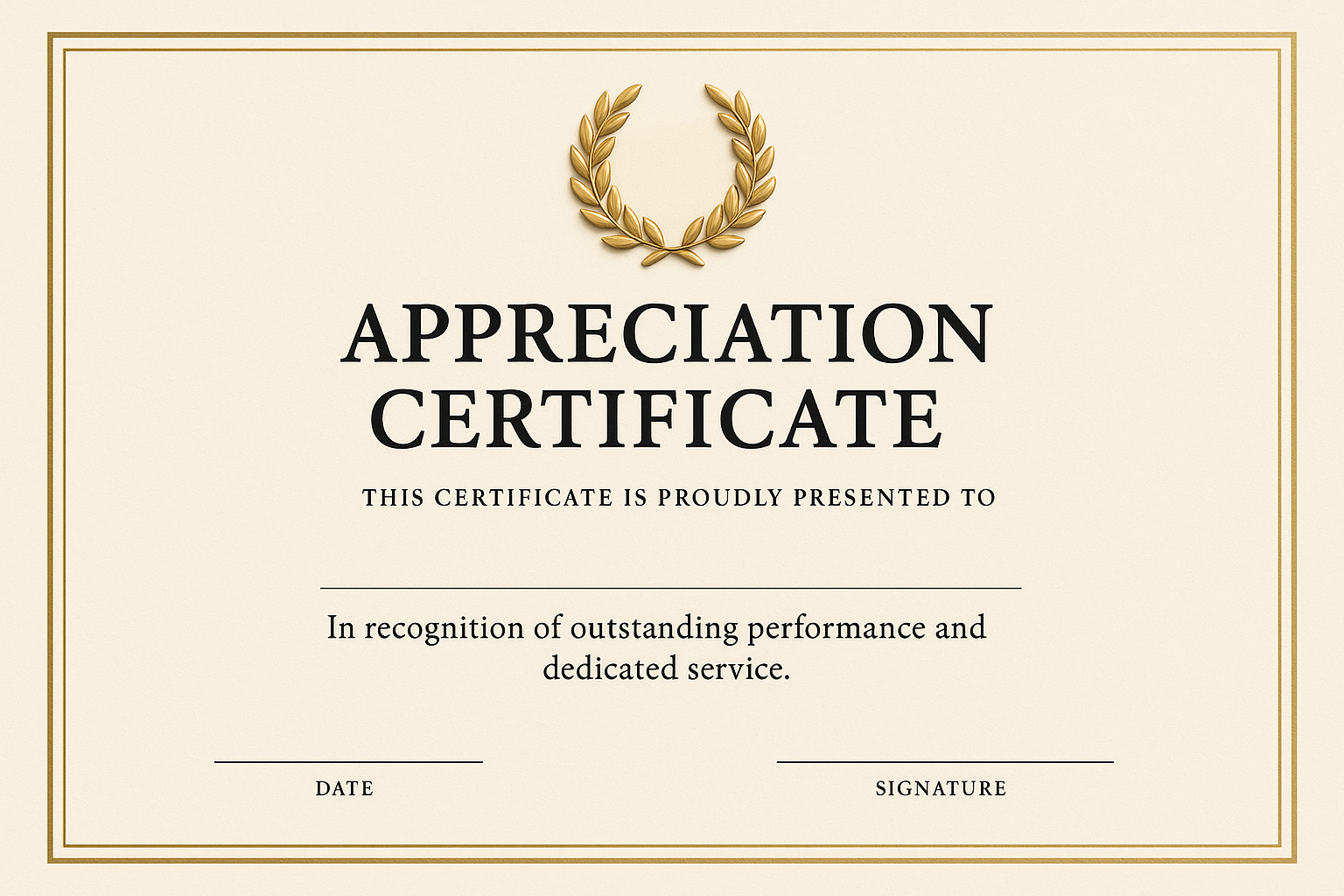 Ivory certificate with thin double-gold frame and 3D laurel wreath award seal at top.