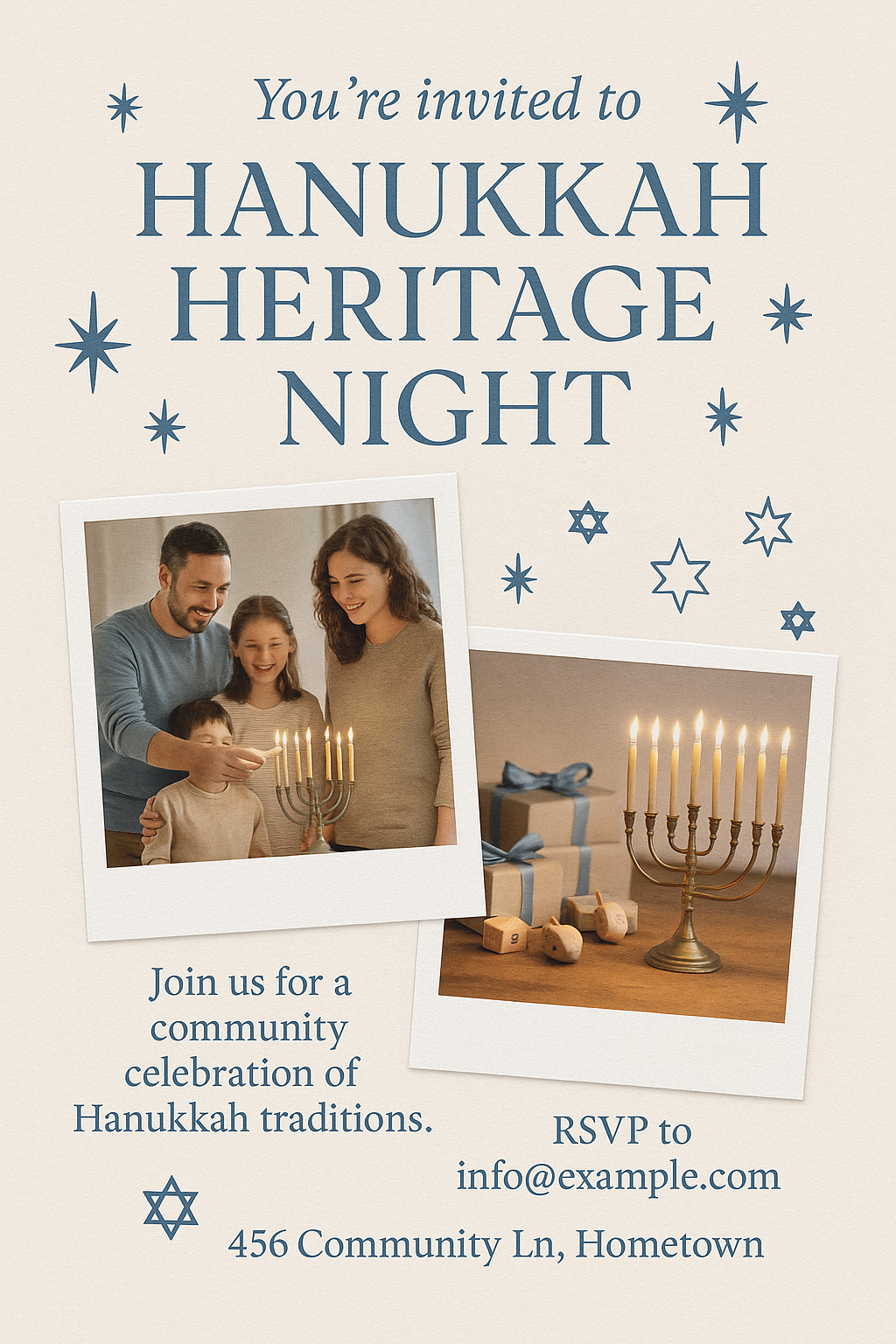 Hanukkah Heritage Night Invitation – elegant blue and beige design with menorah photos and decorative stars