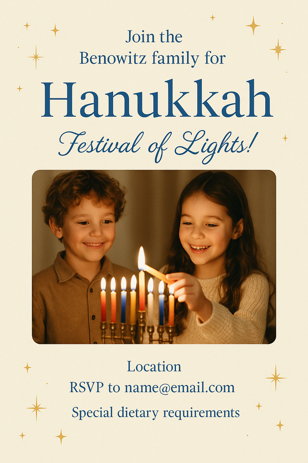 Benowitz Family Hanukkah Invitation – cream and gold theme, children lighting menorah, elegant festive layout