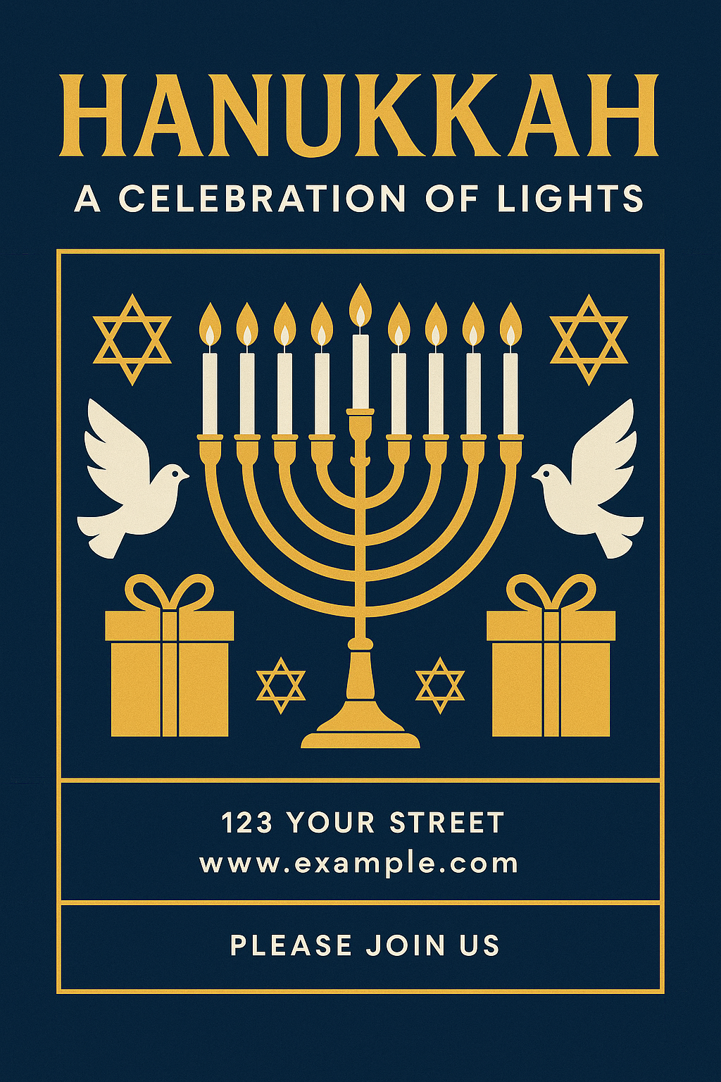 Modern Hanukkah Invitation – navy and gold design with menorah, doves, and geometric festive layout