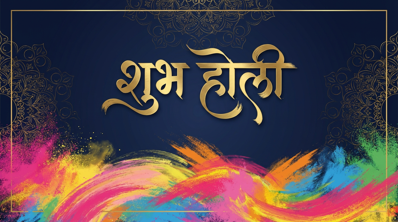 Premium Holi greeting card with navy background gold accents and शुभ होली text