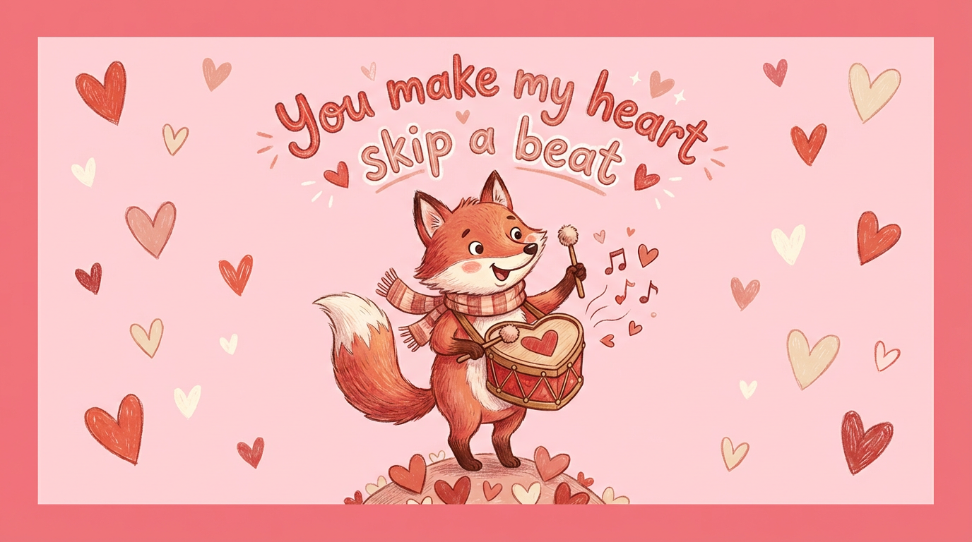Cute Valentine card with cartoon animal, pink border, pastel illustration style