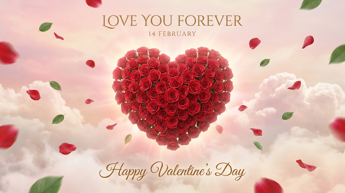 Valentine card with rose heart, dreamy pastel sky, romantic typography